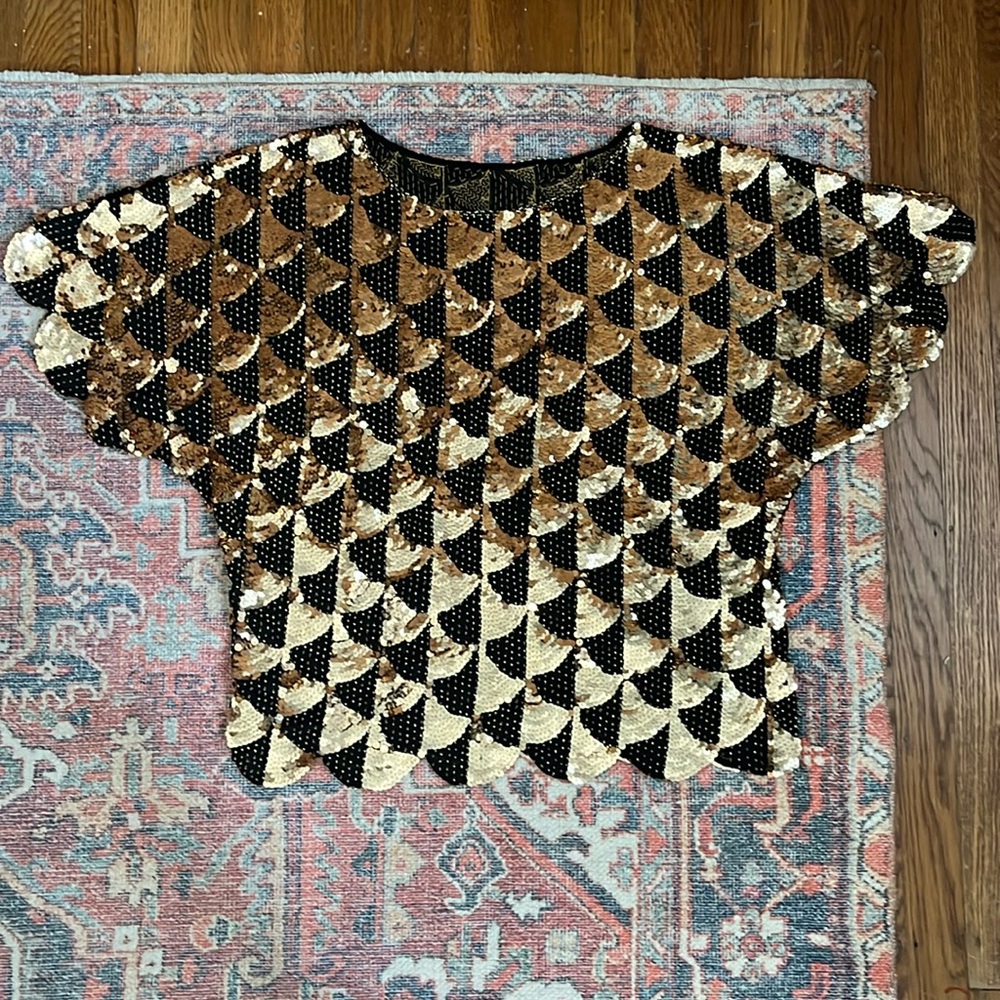 Vintage handmade sequined and beaded top, scalloped hems, dolman/batwing sleeves